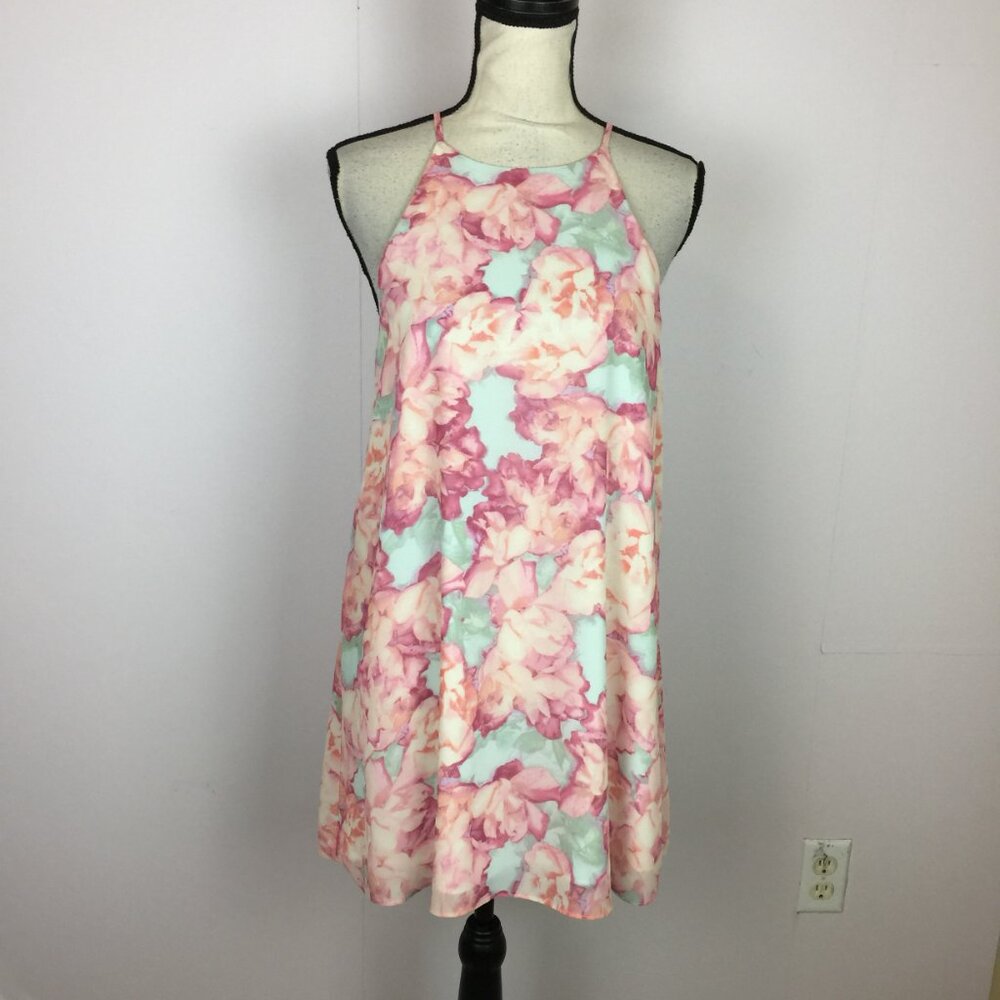 Forever 21 Mini Tunic Dress Sz S Womans Pink Floral Halter Neck Slit Back Lined